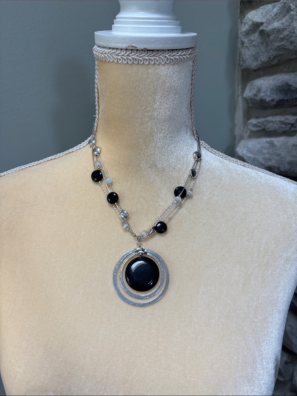 Silver-Tone Black Bead Pendant Necklace - Elegant Women’s Jewelry